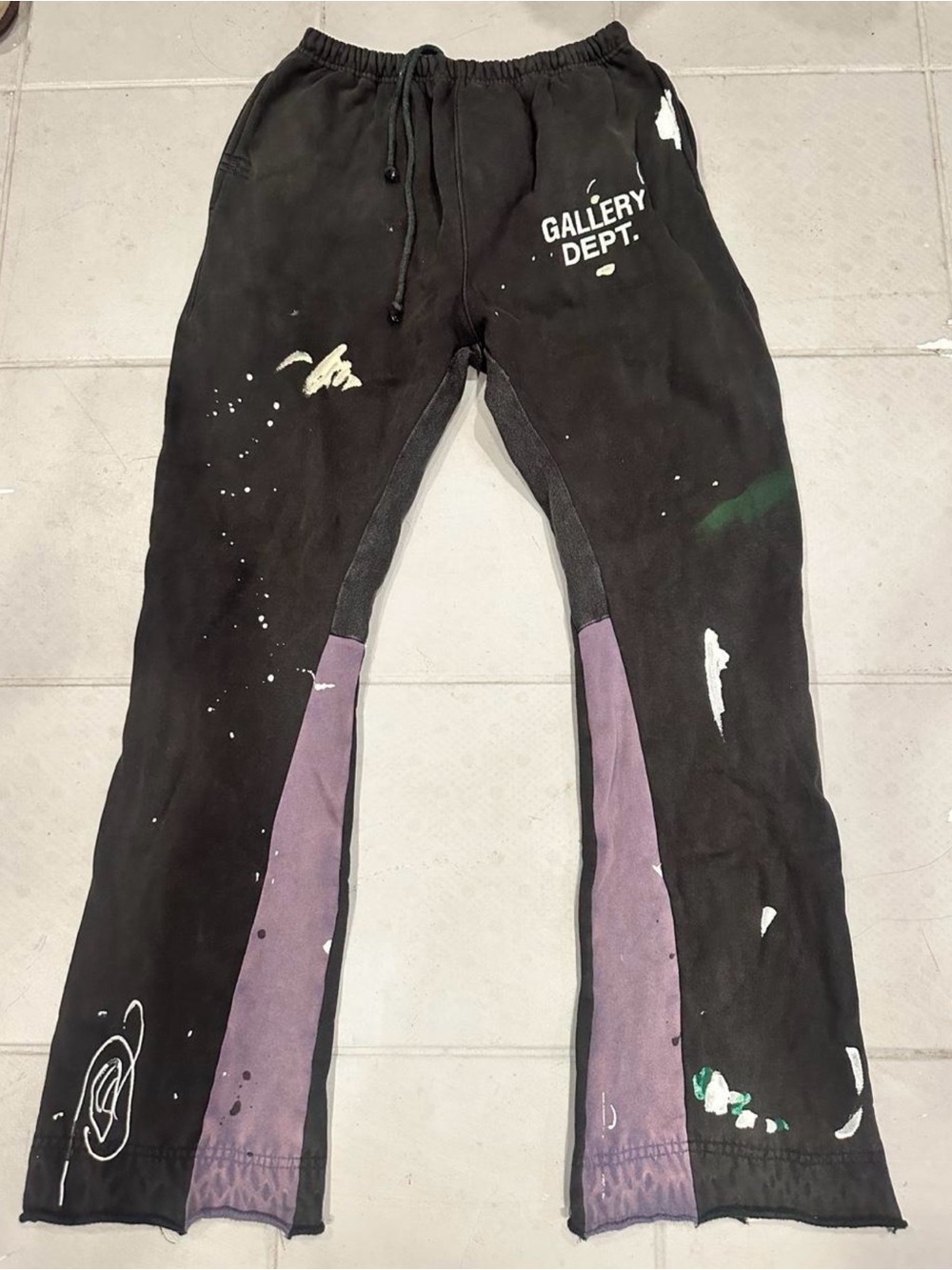 Gallery Dept mens Black Sweatpants with Purple Panels and Paint Splatter